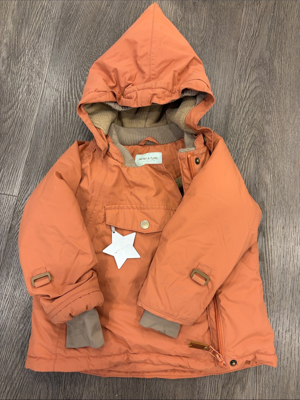 Mini A Ture Orange Hooded Puffer Jacket with Star Pocket